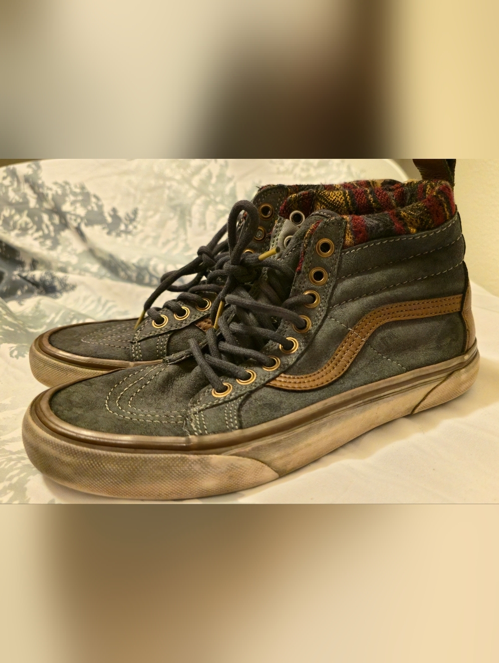 Grunge Dyed High Top Canvas Vans in Dark Gray with Brown Accents